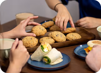 A variety of pastries, food and hot beverages